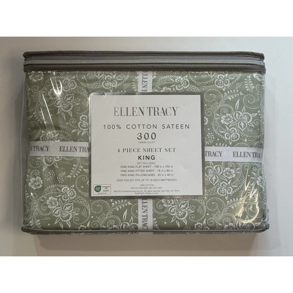 Ellen Tracy 100% Cotton Sateen 4PC KING Sheet Set Green White Floral Paisley